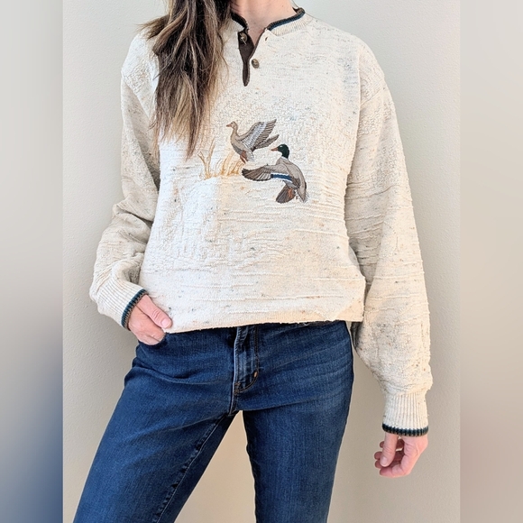 Vintage Embroidered Geese Textured 1/4 Button Up Crewneck Sweater In Ivory - Picture 1 of 11